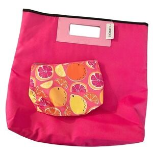 Clinique 2-Piece Large Shopping Tote & Zippered Makeup Bag Women's‎ Hot Pink NWT
